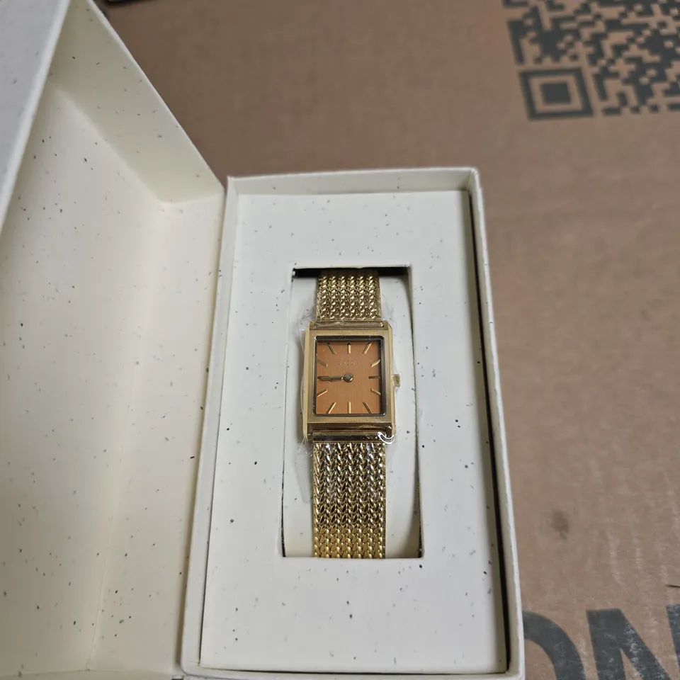 BREDA LADIES WATCH - GOLD TONE MESH BRACELET, SQUARE ORANGE DIAL, BOXED