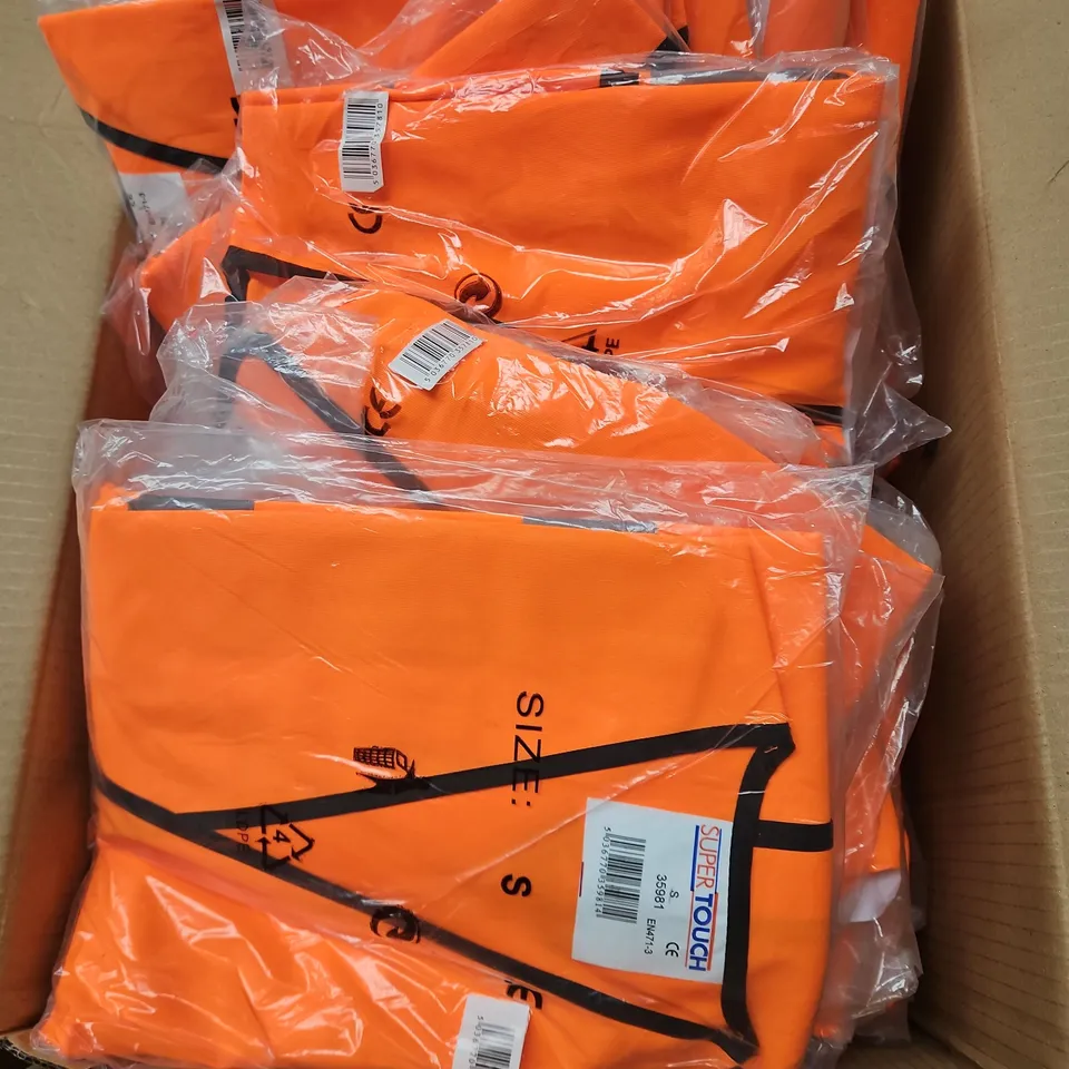 BOX OF APPROX 50 SUPER TOUCH HI VIS VESTS IN ORANGE SIZE S