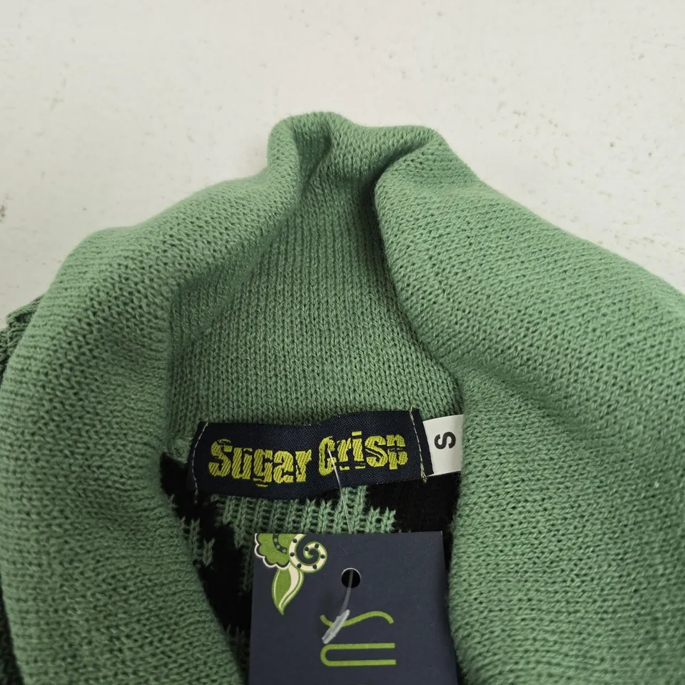 SUGAR CRISP GREEN & BLACK HOUNDSTOOTH KNIT JUMPER WITH NECK-TIE DETAIL – WOMEN’S, SIZE S