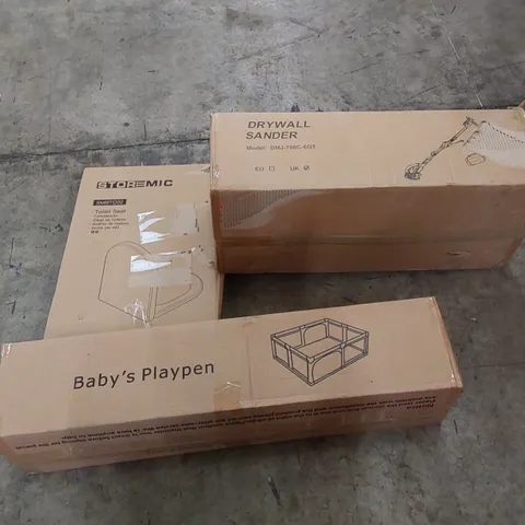 PALLET OF ASSORTED HOUSEHOLD ITEMS AND CONSUMER PRODUCTS. INCLUDING BABY PLAYPEN, TOILET SEAT, DRYWALL SANDER, BOXED FURNITURE ETC