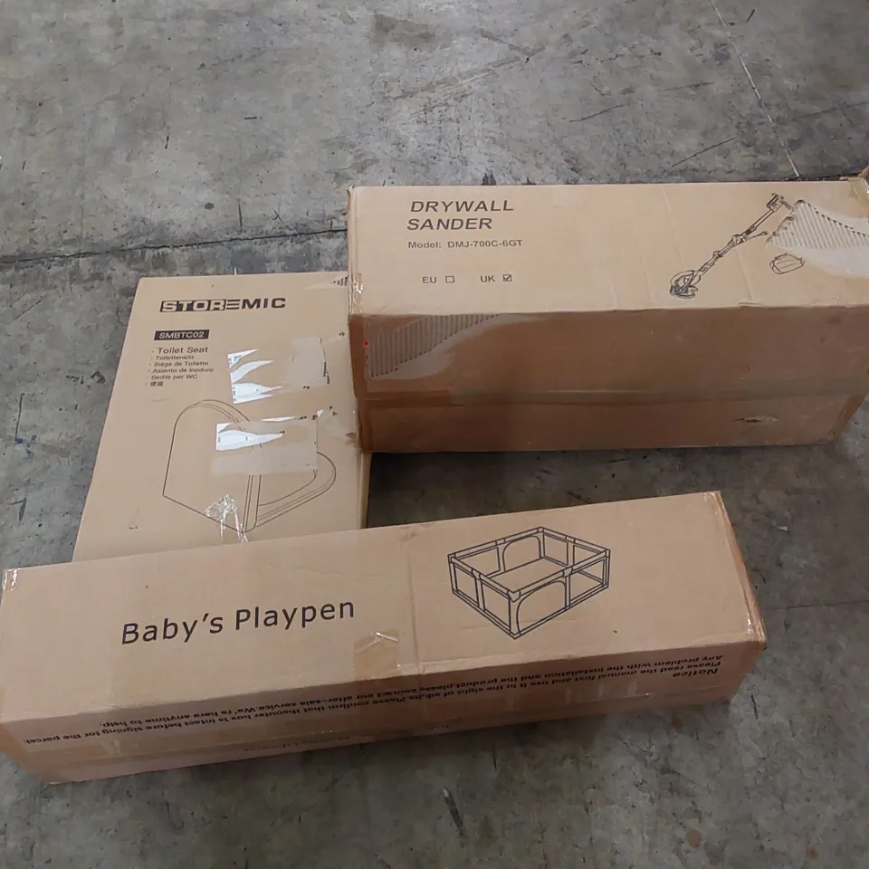 PALLET OF ASSORTED HOUSEHOLD ITEMS AND CONSUMER PRODUCTS. INCLUDING BABY PLAYPEN, TOILET SEAT, DRYWALL SANDER, BOXED FURNITURE ETC 