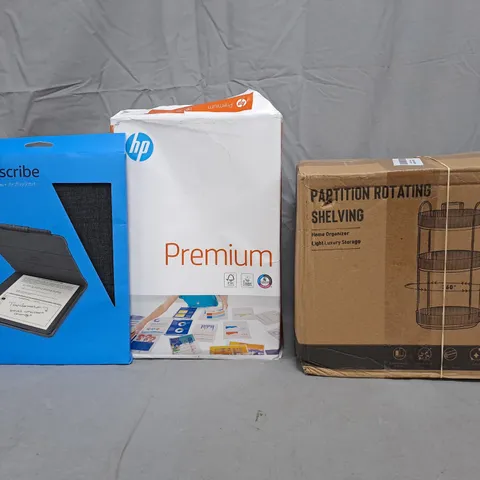 CAGE OF APPROXIMATELY 20 ASSORTED HOUSEHOLD ITEMS TO INCLUDE ROTATING SHELVING, HP PREMIUM PAPER, KINDLE SCRIBE FABRIC COVER, ETC - COLLECTION ONLY