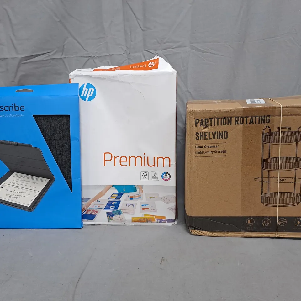 CAGE OF APPROXIMATELY 20 ASSORTED HOUSEHOLD ITEMS TO INCLUDE ROTATING SHELVING, HP PREMIUM PAPER, KINDLE SCRIBE FABRIC COVER, ETC - COLLECTION ONLY