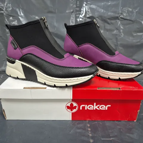 BOXED PAIR OF RIEKER HI-TOP TRAINERS IN PURPLE SIZE 6
