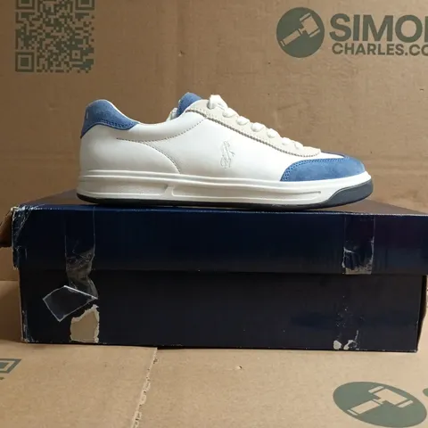 BOXED PAIR OF POLO RALPH LAUREN TRAINERS IN WHITE/BLUE SIZE UK 6