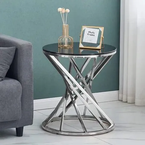 BOXED CHROME ROUND STAINLESS STEEL GLASS END TABLE FOR LIVING ROOM 