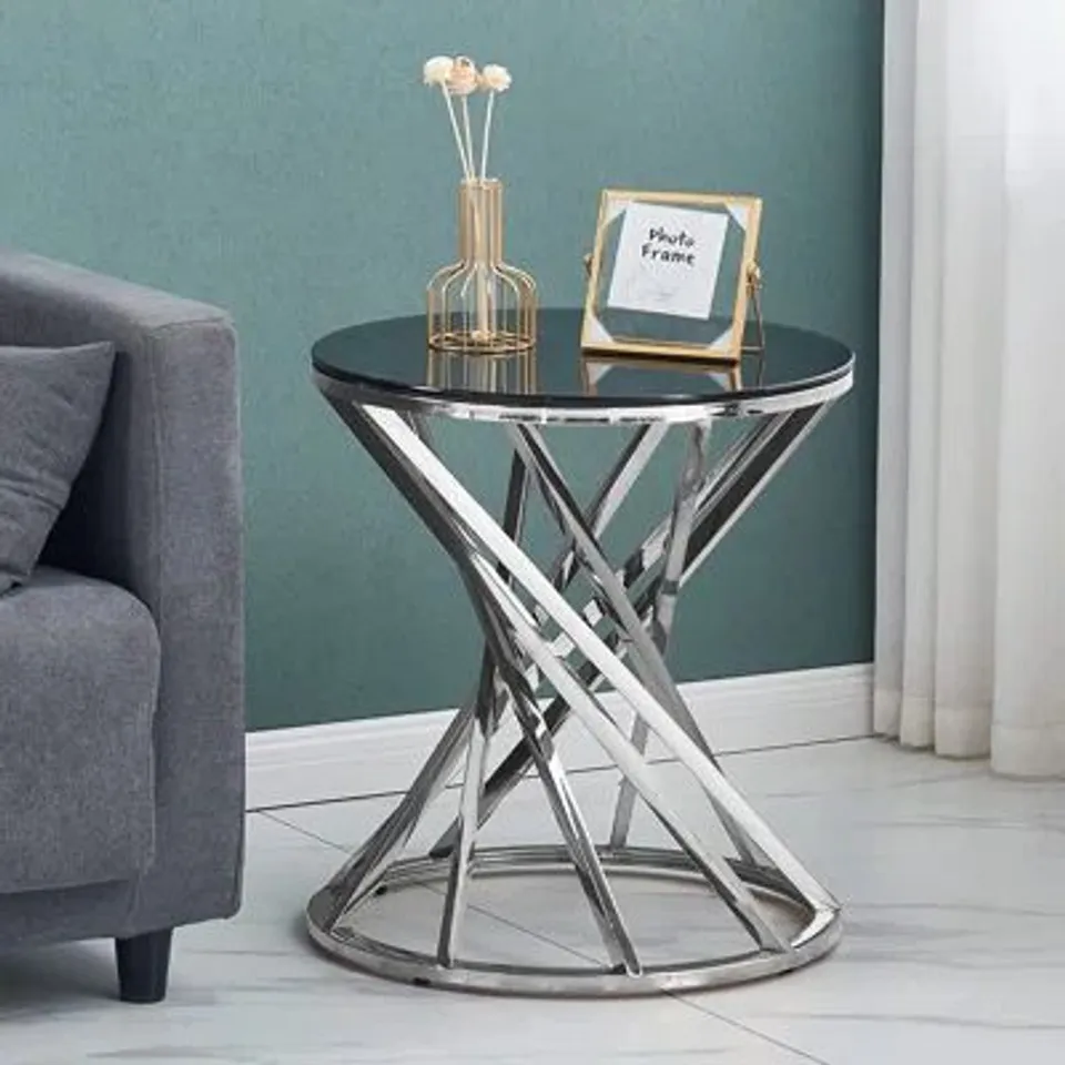 BOXED CHROME ROUND STAINLESS STEEL GLASS END TABLE FOR LIVING ROOM 
