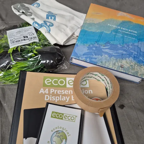 APPROXIMATELY 8 ASSORTED HOUSEHOLD ITEMS TO INCLUDE DISPLAY BOOKS, FAUX PLANTS, TAPE ETC 