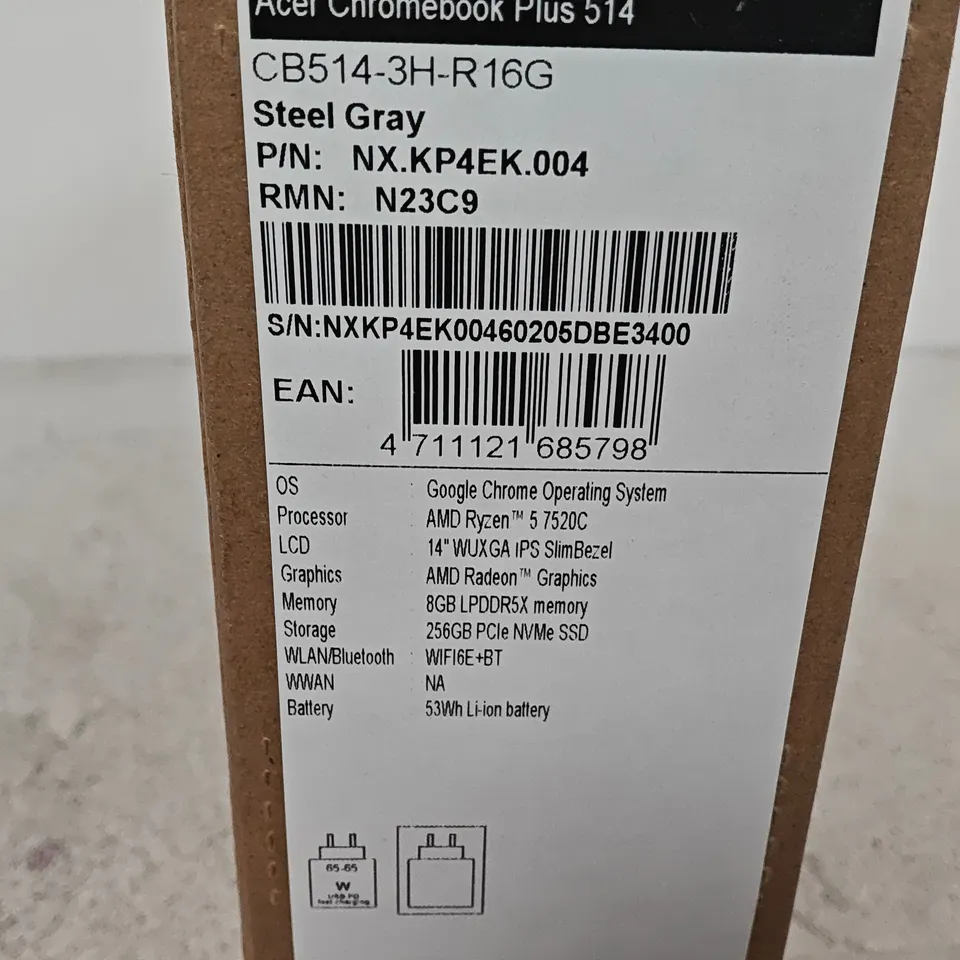 BOXED ACER CHROMEBOOK PLUS 514 AMD RYZEN 5 7520C 256GB SSD 8GB DDR5 RAM IN STEEL GRAY - CB514-3H-R16G