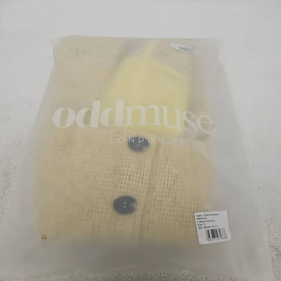 ODDMUSE LONDON COTTON MIX BOUCLE WAISTCOAT – CHARTREUSE – UK SIZE S
