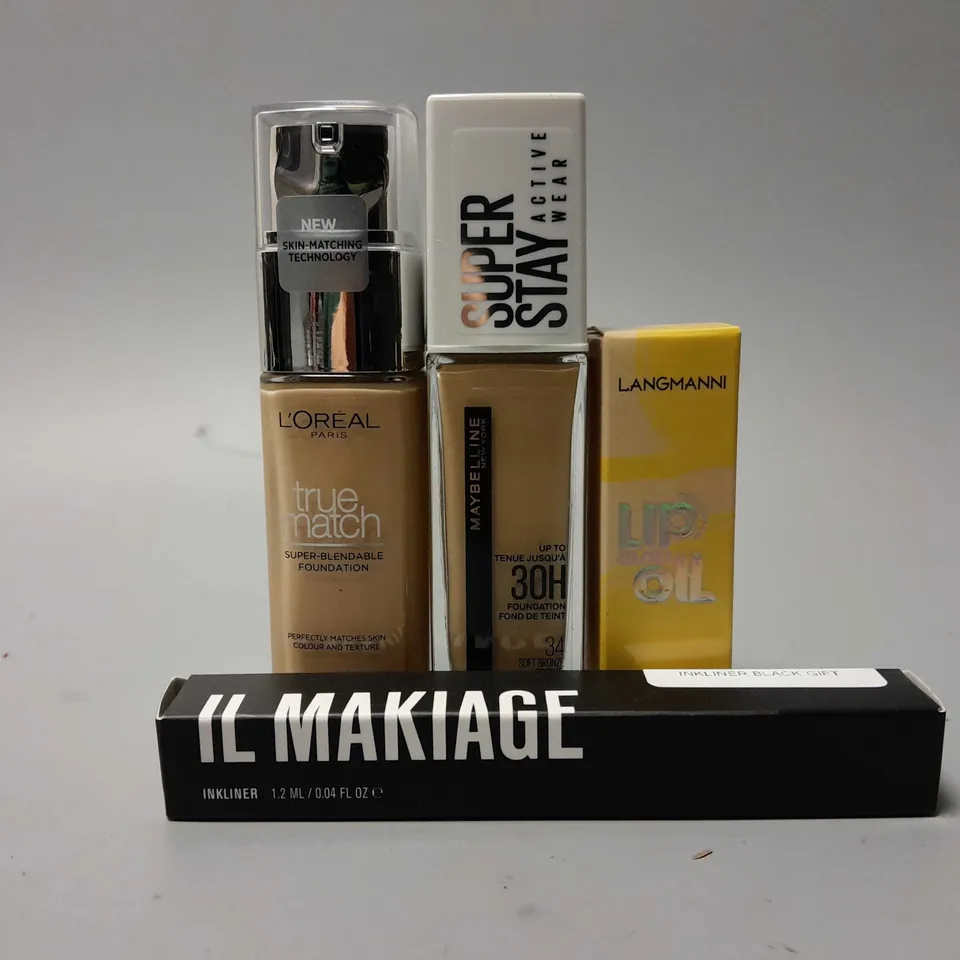4 MAKEUP PRODUCTS TO INCLUDE MAYBELLINE SUPRE STAY ACTIVE WEAR FOUNDATION (30ml), LOREAL TRUE MATCH FOUNDATION 2.N (30ml), IL MAKIAGE INKLINER, ETC
