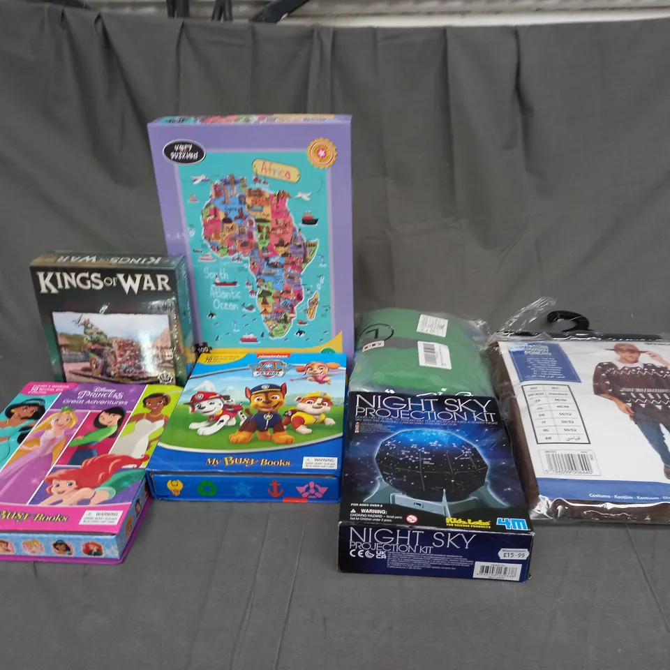LARGE BOX OF ASSORTED TOYS AND GAMES TO INCLUDE DRESSING UP COSTUMES, JIGSAWS AND ACTIVITY BOOKS