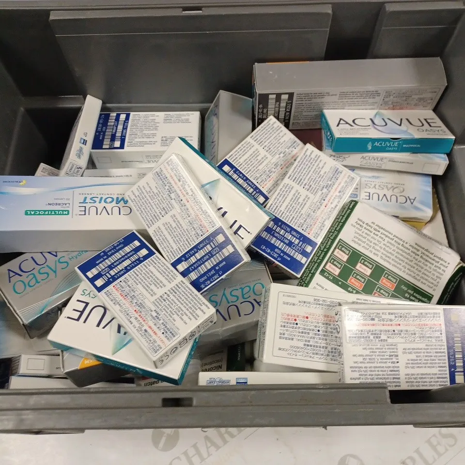 BOX TO CONTAIN APPROX. 30 X ASSORTED VISION CARE PRODUCTS. INCLUDES PACKS OF CONTACT LENSES & CLEANING SOLUTION - COLLECTION ONLY 