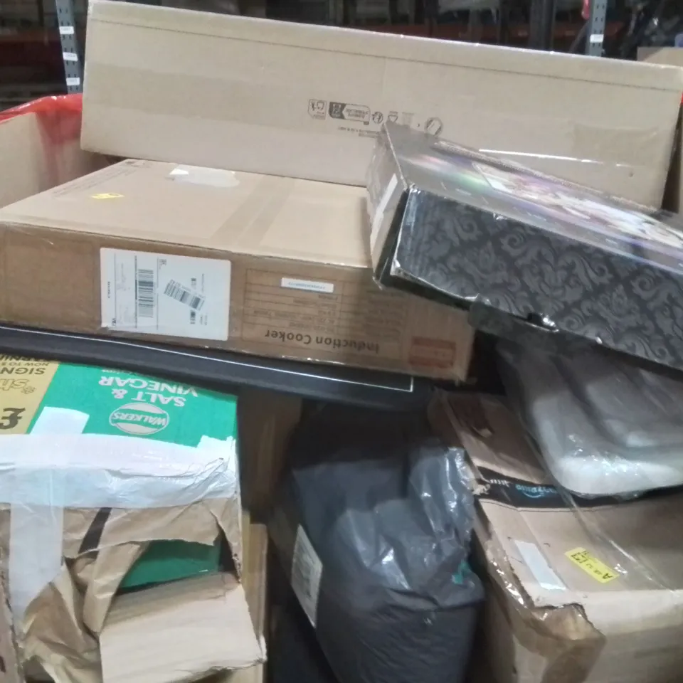 PALLET OF ASSORTED HOUSEHOLD GOODS AND PRODUCTS TO INCLUDE;GAMING MOUSE PAD,UNDER DESK HEATER,INDUCTION COOKER,CAMERA DANCE MAT,MIRROR, TURNTABLE SYSTEM AND OTHER ASSORTED ITEMS...