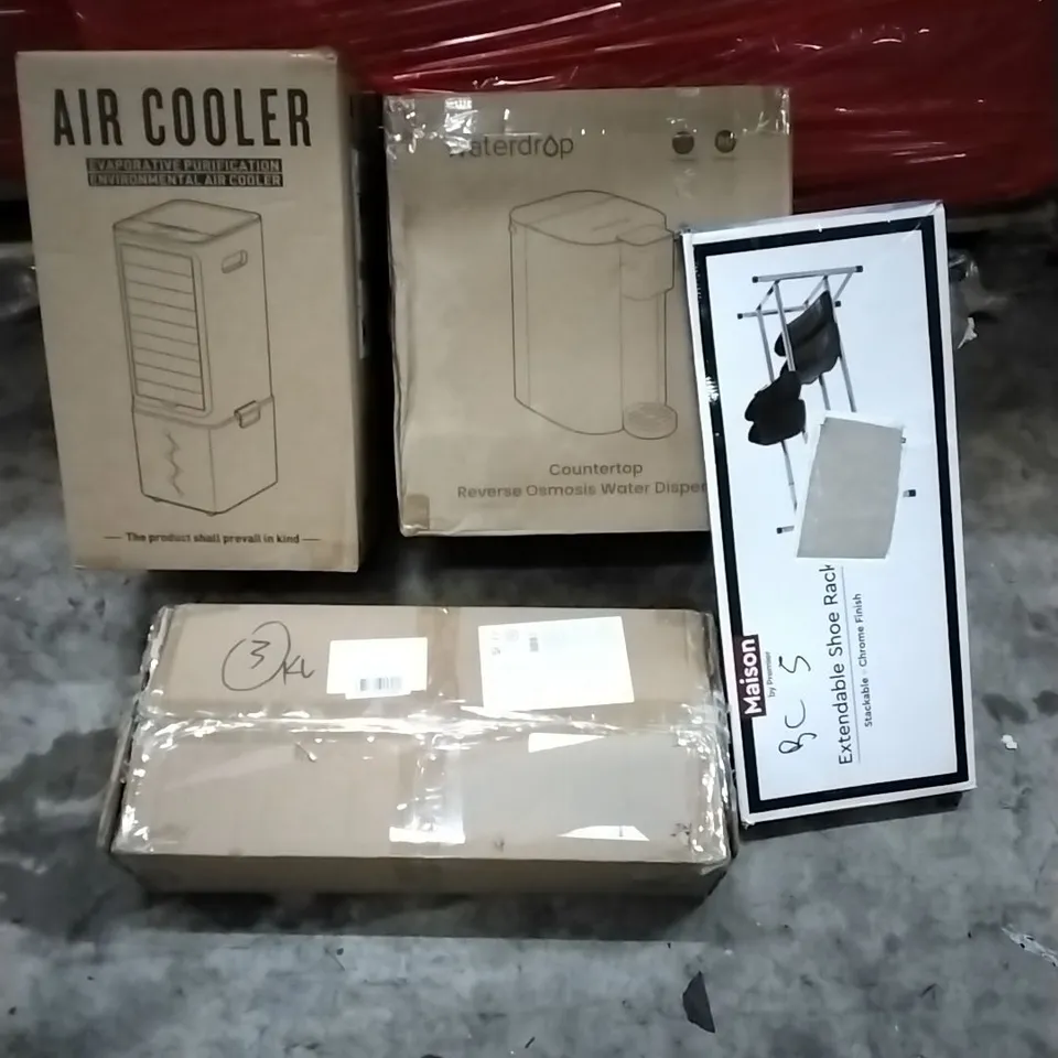 PALLET OF HOUSEHOLD ITEMS TO INCLUDE AIR COOLER, WATER DISPENSER, UMBRELLA STAND, EXTENDABLE SHOE RACK AND OTHER ASSORTED ITEMS...