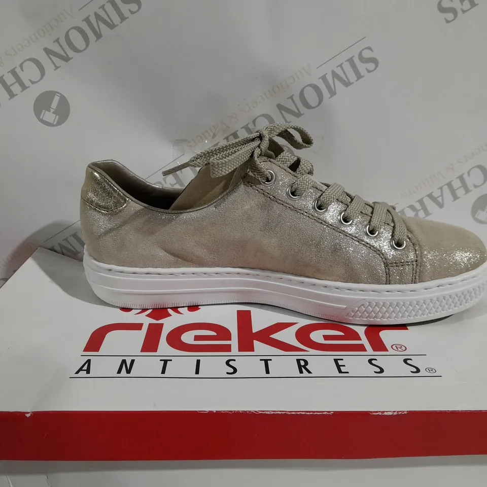 BOXED PAIR OF RIEKER GOLD METALLIC TRAINERS - SIZE 6.5