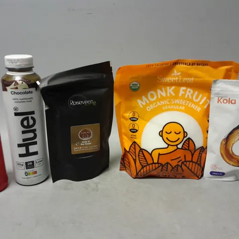 TOTE OF APPROXIMATELY 8 ASSORTED FOOD ITEMS TO INCLUDE - HUEL CHOCOLATE , AIR UP KOLA ETC