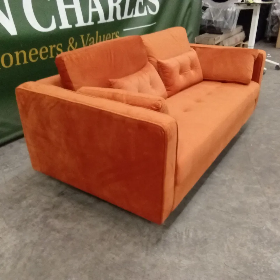 DESIGNER 2 SEATER SOFA WITH SCATTER CUSHIONS - ORANGE VELVET