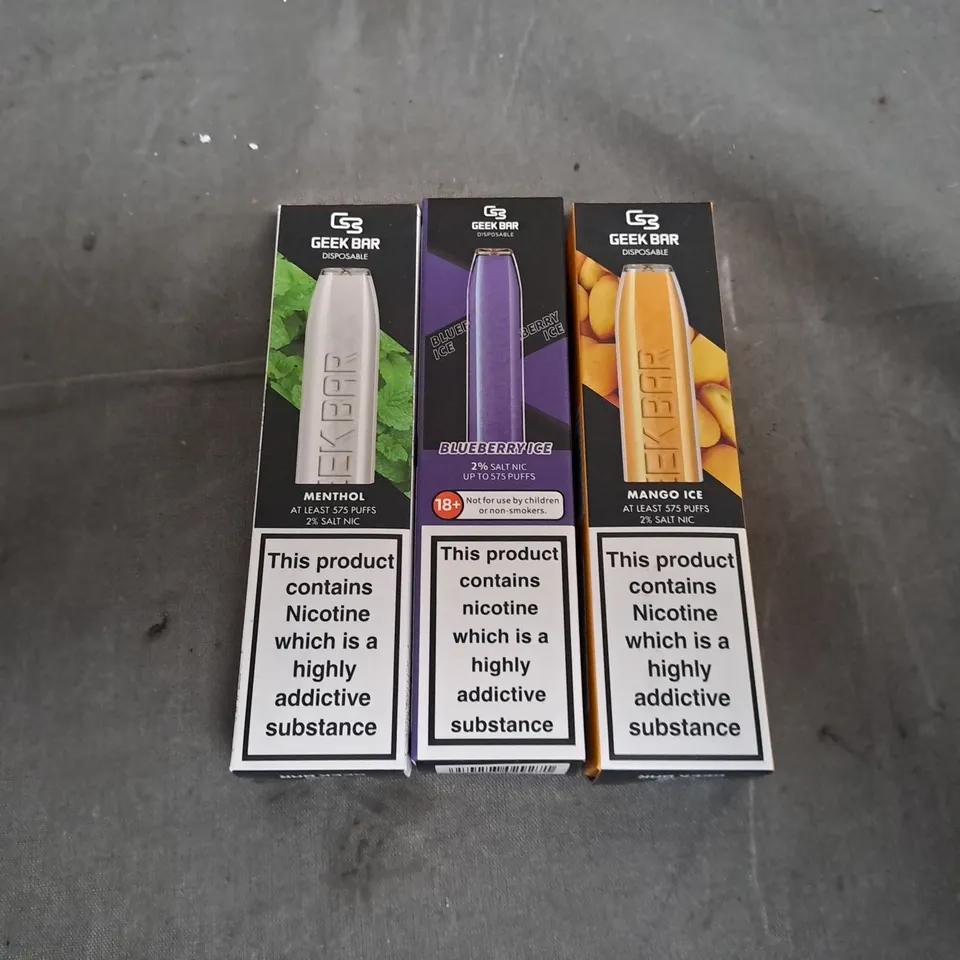 BOX OF APPROXIMATELY 25 GEEK BAR VAPES TO INCLUDE - MENTHOL, MANGO ICE , BLUEBERRY 