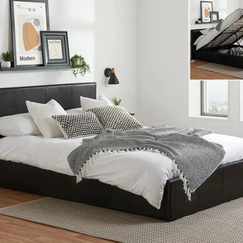 BOXED BIRLEA BERLIN SMALL DOUBLE BLACK FAUX LEATHER OTTOMAN BED (2 BOXES)
