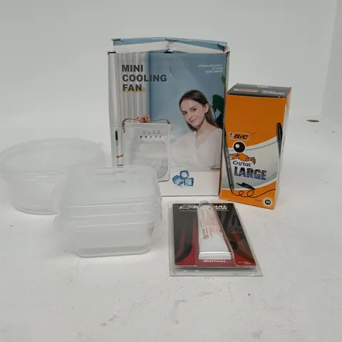 TOTE OF APPROXIMATELY 15 ASSORTED ITEMS TO INCLUDE MINI COOLING FAN, BIC PENS, RENTHAL GRIP GLUE, ETC