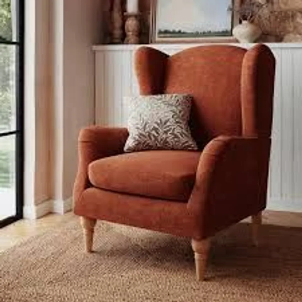 BOXED DUNELM CHARNWOODSELF ASSEMBLY ARMCHAIR CHENILLE TERRACOTA  