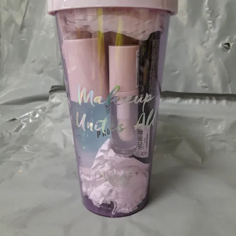 MAKE UP ACADEMY LILAC TUMBLER GIFT SET TO INCLUDE ASSORTED COSMETICS PRODUCTS