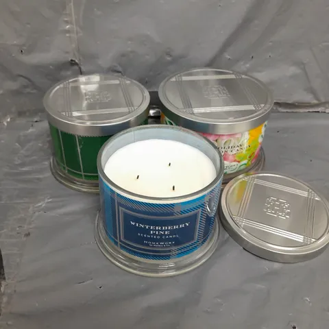 BOX OF APPROX 10 X2 ASSORTED HOMEWORX CANDLES TO INCLIDE HOLIDAY RIBBON CANDY, WINTERBERRY PINE AND EVERGREEN BIRCHWOOD