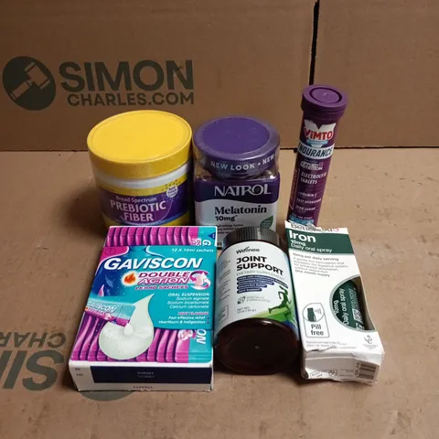 TOTE OF APPROXIMATELY 20 ASSORTED HEALTH/VITAMIN RELATED ITEMS TO INCLUDE IRON DAILY SPRAY, JOINT SUPPORT, PREBIOTIC FIBER, MELATONIN, VIMTO ENDURANCE ELECTROLYTE TABLETS ETC