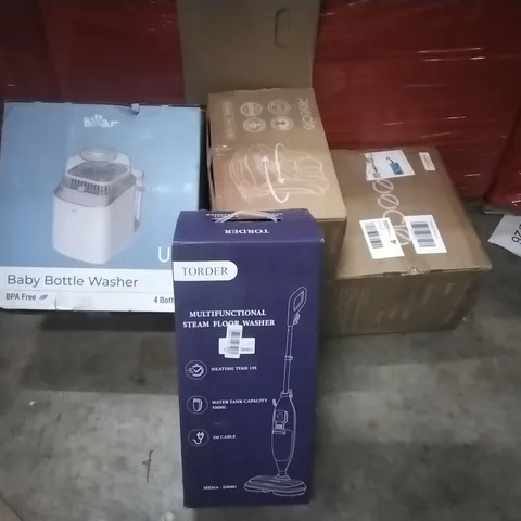 PALLET OF HOUSEHOLD ITEMS TO INCLUDE BABY BOTTLE WASHER,CAR SEAT,MULTIFUNCTIONAL STEAM FLOOR WASHER AND OTHER ASSORTED ITEMS...