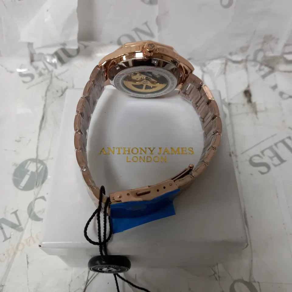 BOXED ANTHONY JAMES GENTS SPORTS SKELETON WATCH WITH STAINLESS STEEL BRACELET - 3ATM. 