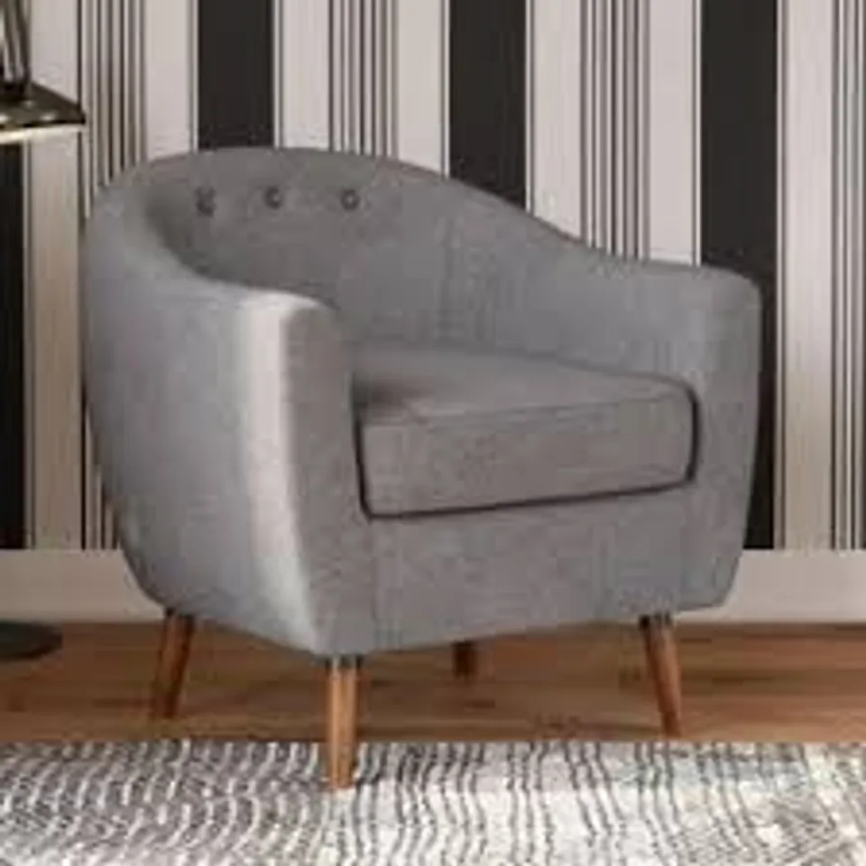 BOXED BRIE LINEN FABRIC BEDROOM CHAIR IN GREY WITH SOLID WOOD LEGS