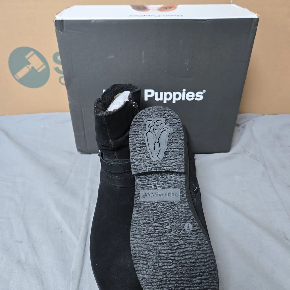 HUSH PUPPIES BLACK SUEDE ANKLE BOOT WITH ZIP AND BUCKLE – BOXED- SIZE 7 