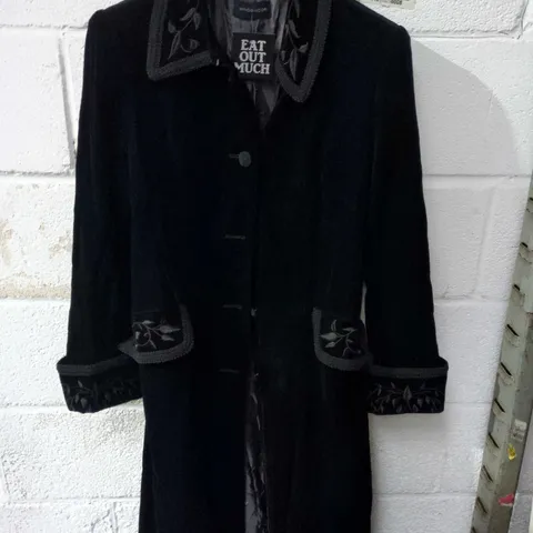 WINDSMOR WOMEN'S VELVET COAT WITH SHOULDER PADS AND EMBROIDERED COLLAR & CUFFS – BLACK SIZE 10