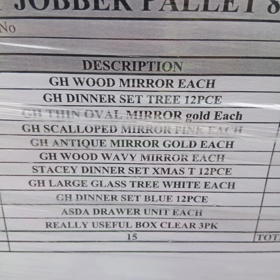 PALLET OF APPROXIMATELY 15 ASSORTED PRODUCTS TO INCLUDE; WOOD MIRROR, DINNER SET TREE, THIN OVAL MIRROR, DRAWER UNIT, REALLY USEFUL STORAGE BOX AND WAVY MIRROR