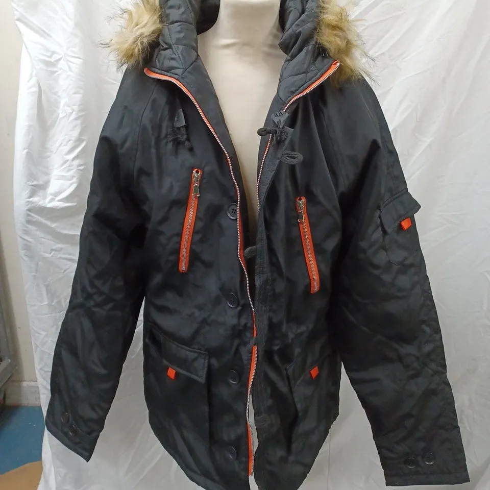 LONGLINE PADDED HOOD COAT, BLACK - SIZE 5XL