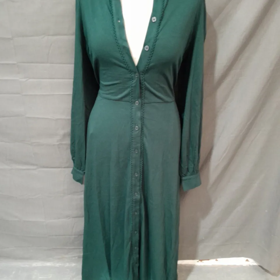 BODEN LONG SLEEVE BUTTON FRONT MAXI DRESS IN GREEN - UK 12R