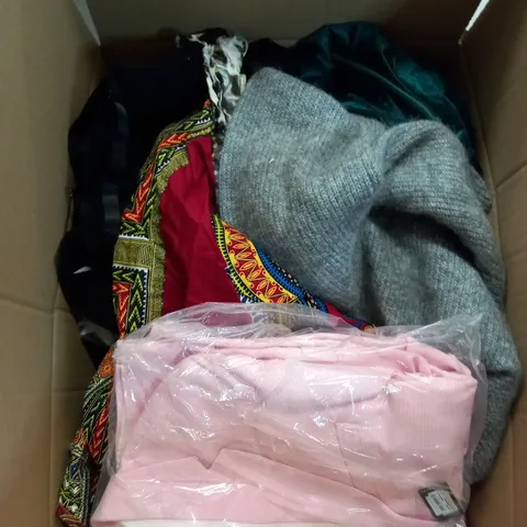 BOX OF ASSORTED CLOTHING ITEMS TOO INCLUDE JUMPERS, SHIRTS AND TROUSERS IN VARIOUS SIZES AND COLOURS