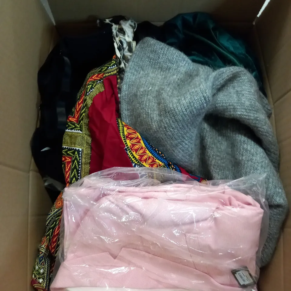 BOX OF ASSORTED CLOTHING ITEMS TOO INCLUDE JUMPERS, SHIRTS AND TROUSERS IN VARIOUS SIZES AND COLOURS   