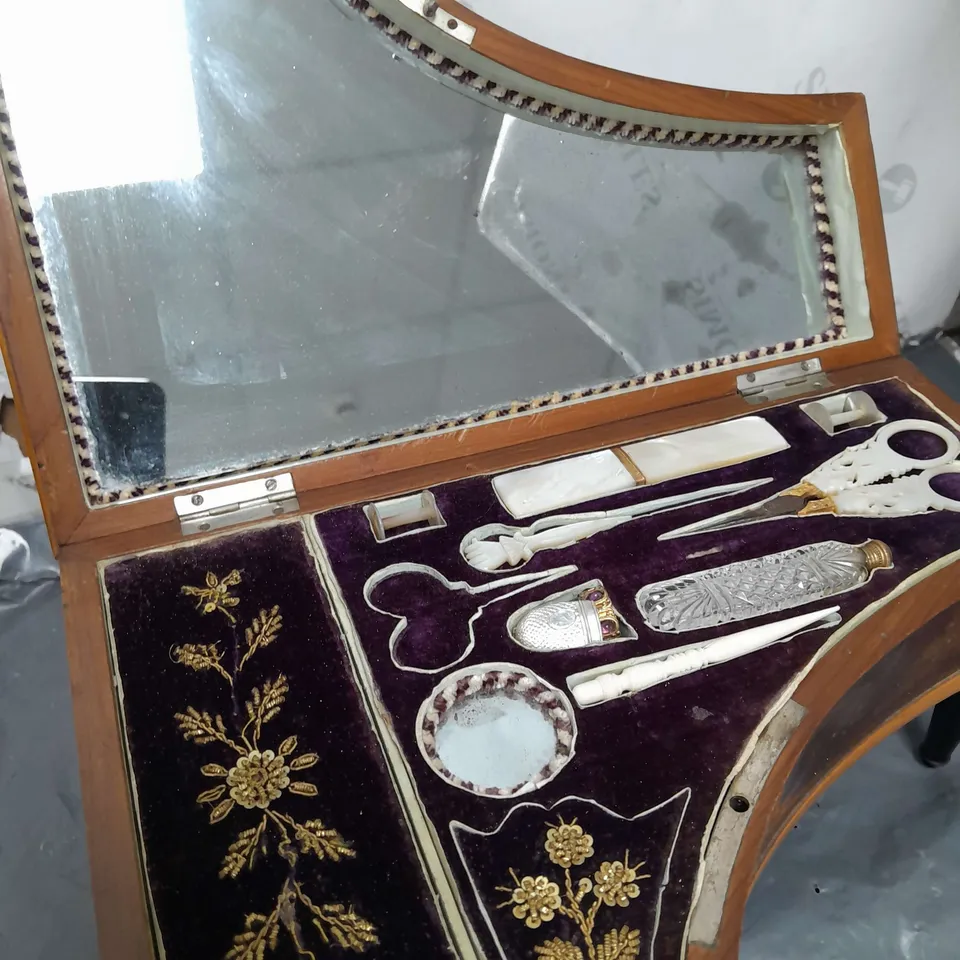 19th CENTURY SEWING CASE IN THE FORM OF HARPSICORD WITH MUSIC BOX - COLLECTION ONLY