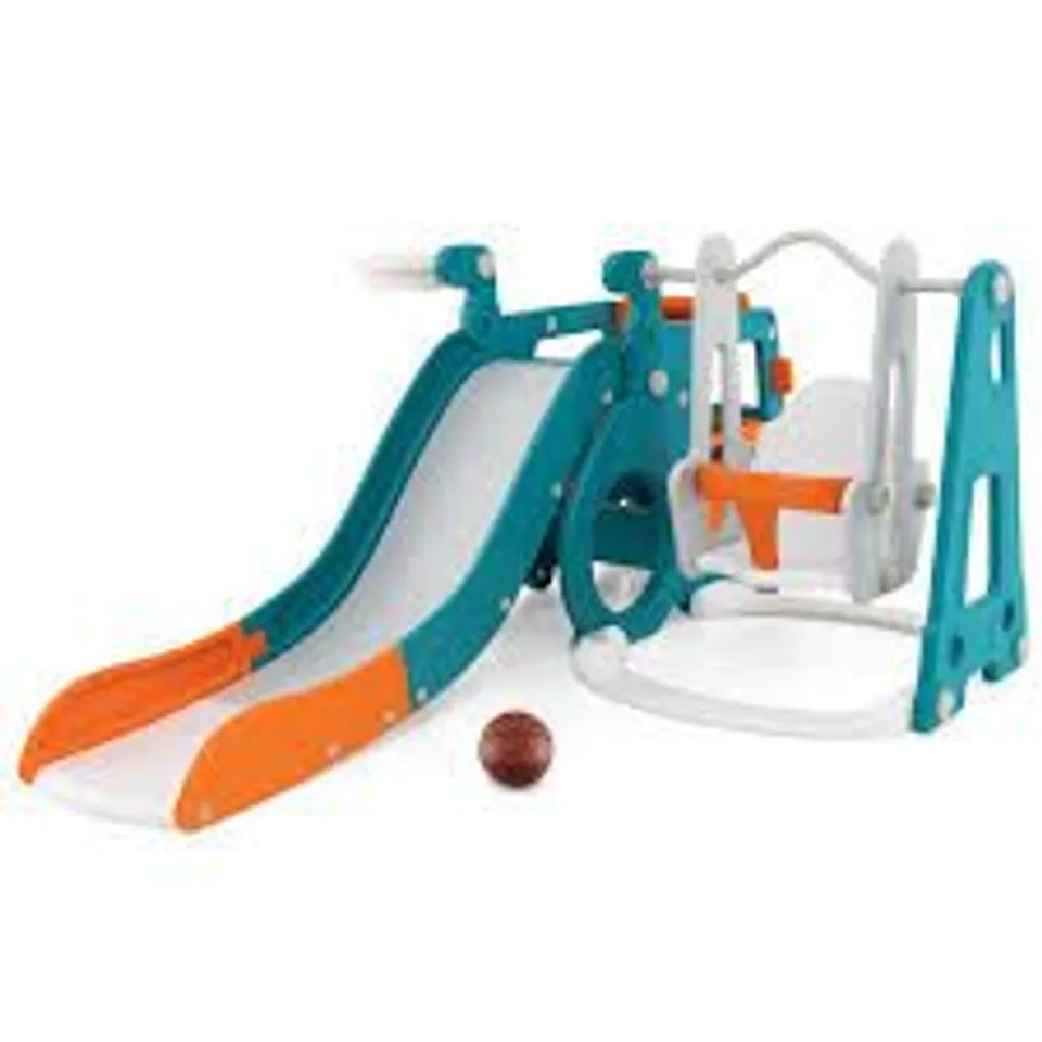 BOXED 5-IN-1 KIDS SLIDE & SWING SET WITH MINI BUS & BASKETBALL HOOP - MULTI COLOR