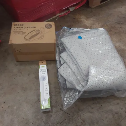 PALLET OF ASSORTED ITEMS INCLUDING: LARGE RUG, STEAM CLEANER, GRAB BAR ECT