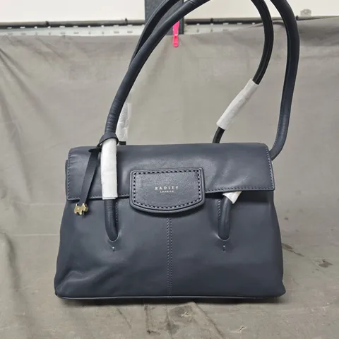 RADLEY LONDON NAVY LEATHER HANDBAG WITH FRONT FLAP & LOGO PLAQUE