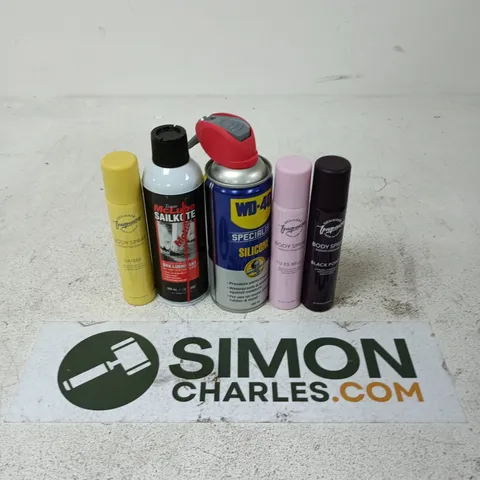 APPROXIMATELY 12 ASSORTED AEROSOLS TO INCLUDE WD40, TEAM MCLUBE DRY LUBRICANT, BODY SPRAY, ETC