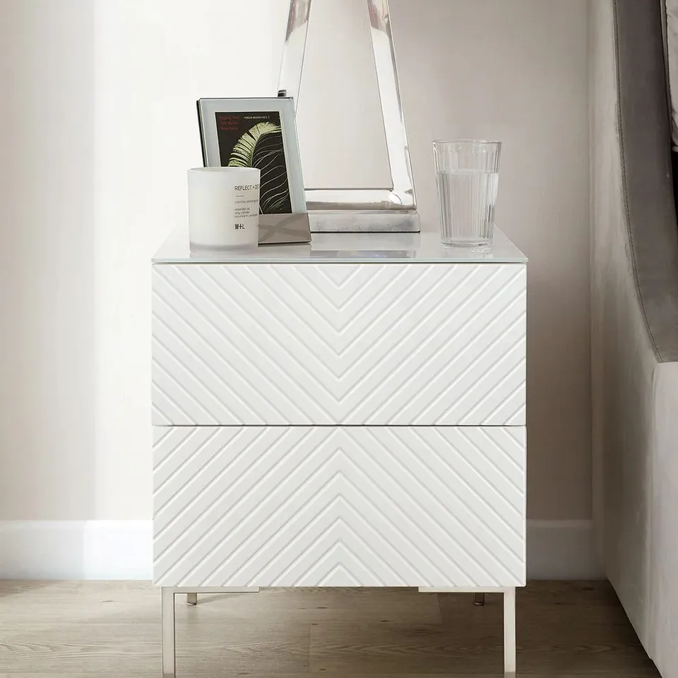 BOXED DANETTI NOAH WHITE GLOSS 2 DRAWER BEDSIDE TABLE