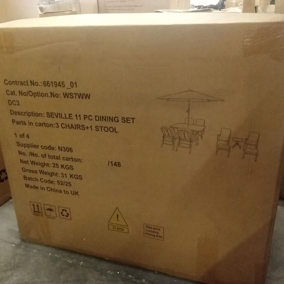 BOXED SEVILLE SET OF 3 OUTDOOR DINING CHAIRS AND 1 STOOL (1 BOX)