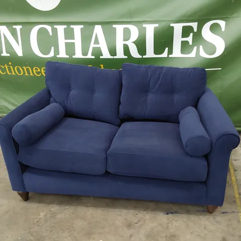 QUALITY BRITISH MADE LOUNGE Co TWO SEATER SOFA WITH BOLSTER CUSHIONS PLUSH BLUE FABRIC
