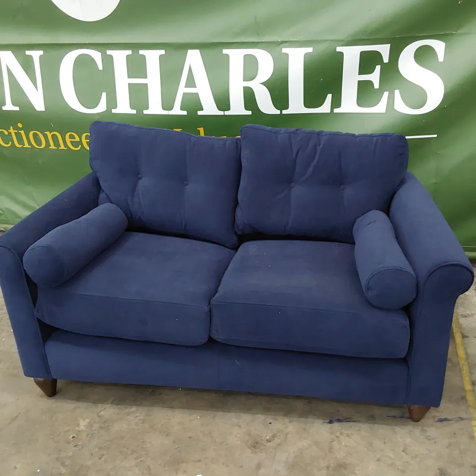QUALITY BRITISH MADE LOUNGE Co TWO SEATER SOFA WITH BOLSTER CUSHIONS PLUSH BLUE FABRIC 