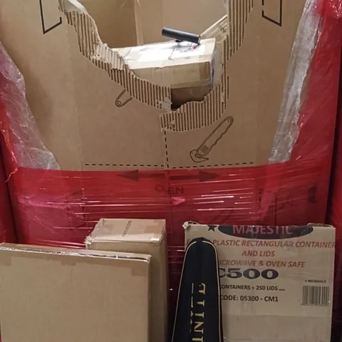 PALLET OF ASSORTED HOUSEHOLD GOODS AND PRODUCTS TO INCLUDE; CLEAR PLASTIC CONTAINERS FOR FOOD, HELPING STICK FOR WALKING, BADMINTON RACKET 