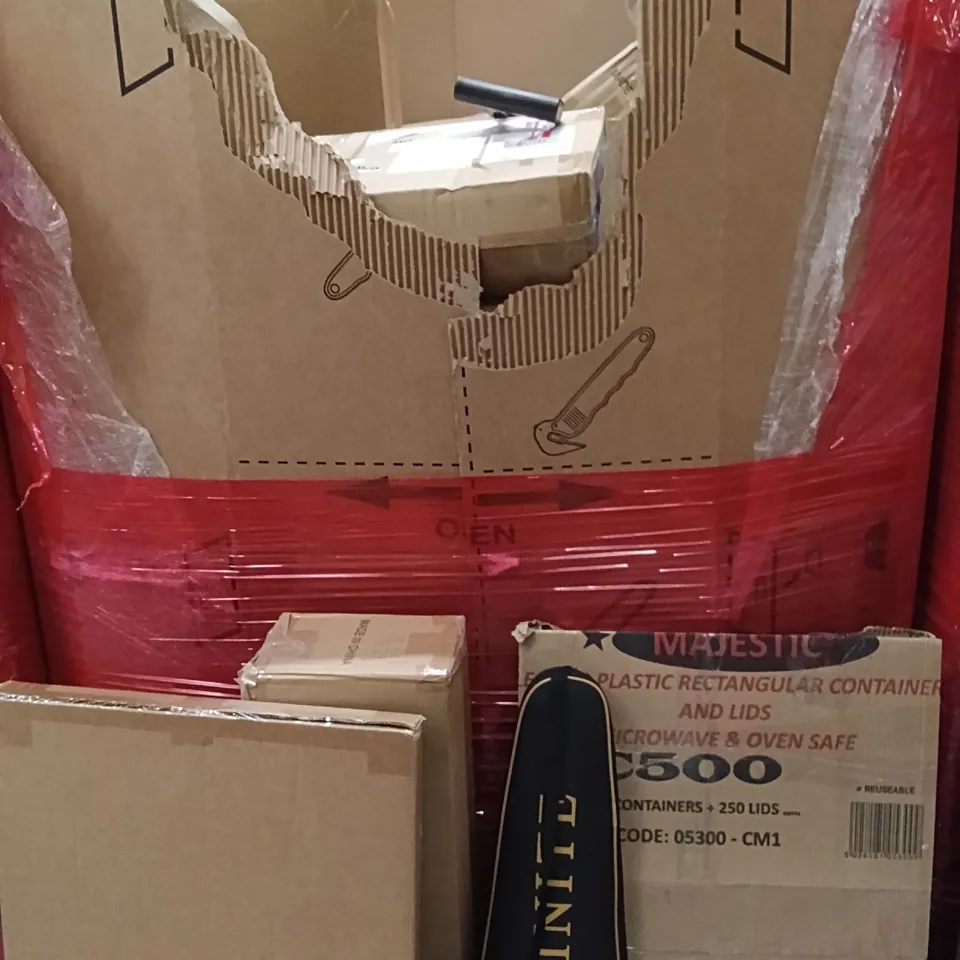 PALLET OF ASSORTED HOUSEHOLD GOODS AND PRODUCTS TO INCLUDE; CLEAR PLASTIC CONTAINERS FOR FOOD, HELPING STICK FOR WALKING, BADMINTON RACKET 